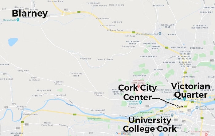 Map of where to stay in Cork Ireland