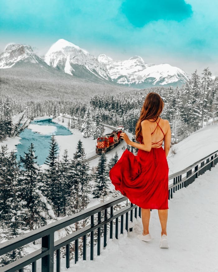 Girl in red dress in Banff, Canada