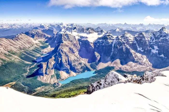 View from Mount Temple over Lake Moraine in Banff