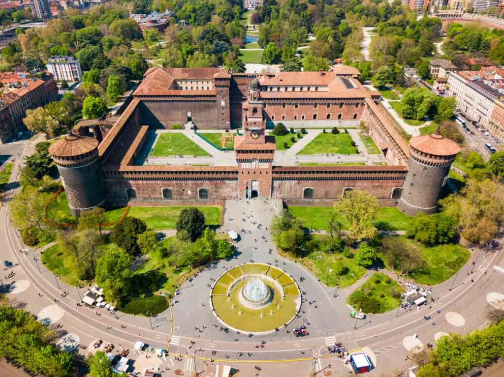 Excellent aerial shot of Sforzesco Castle in Italy