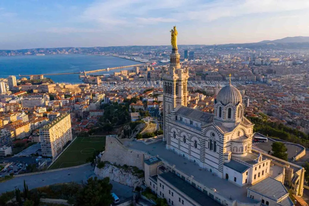 Aerial view of the Catholic basilica Notre Dame de la Garde in Marseille, France