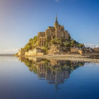 Beautiful panoramic view of famous Le Mont Saint-Michel island, Normandy, northern France