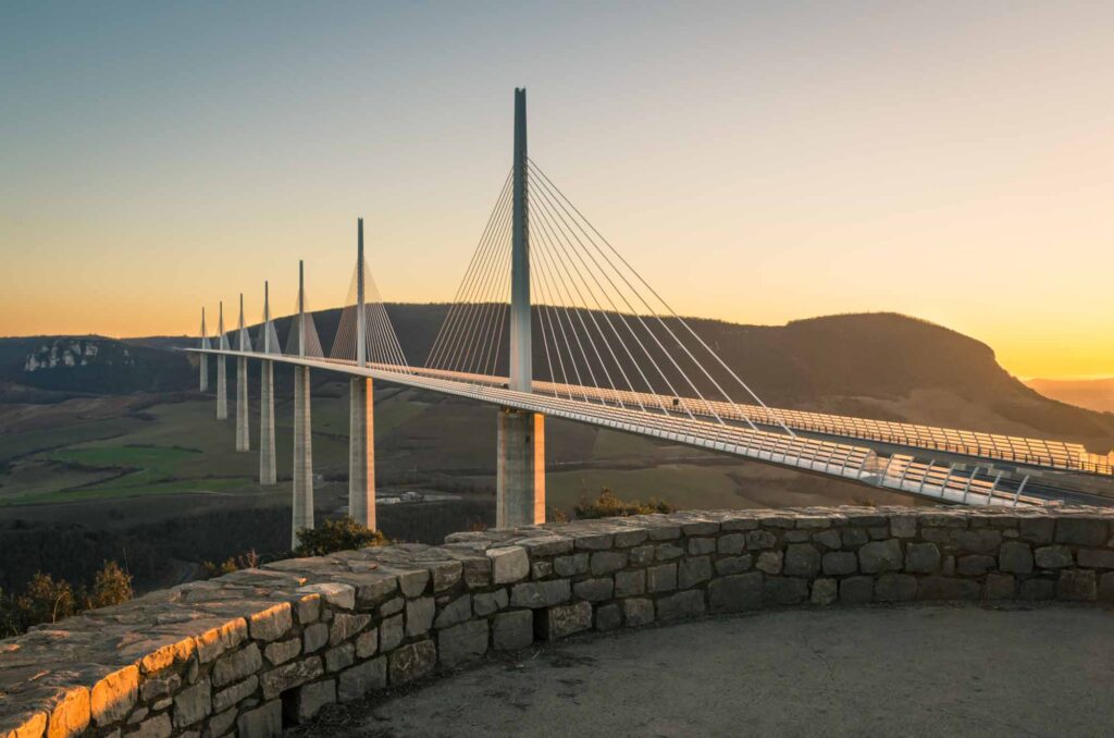 Millau viaduct world famous daring Bridge in central France at sunset