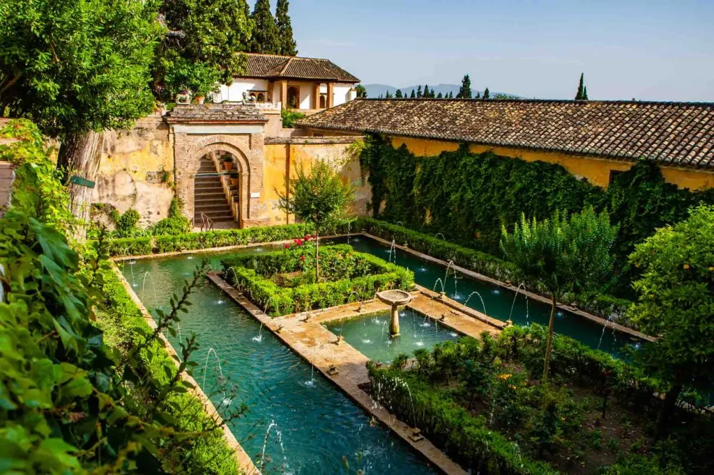 Generalife gardens with fountains in Granada, Spain