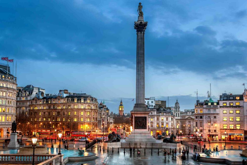 Trafalgar Square is a tourist attraction in central London, England. It is home to Nelson's Column.