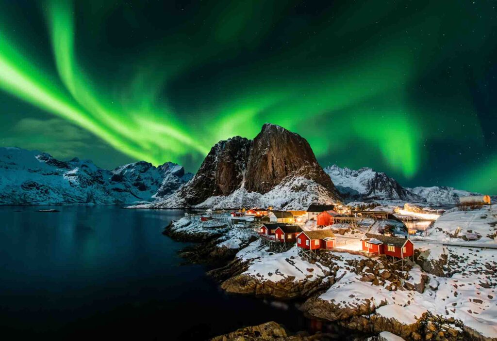 Aurora borealis over Hamnoy in Norway