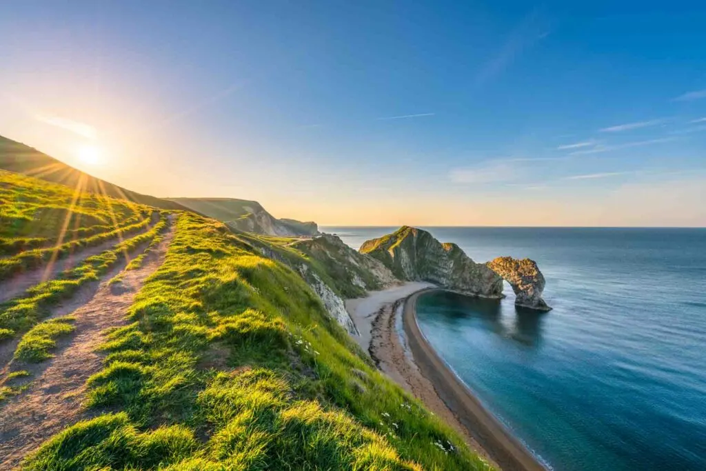 Durdle Door at sunrise in Dorset, Jurassic Coast, England