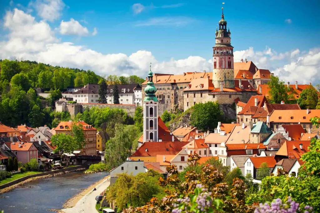 Beautiful view to church and castle in Cesky Krumlov, Czech republic