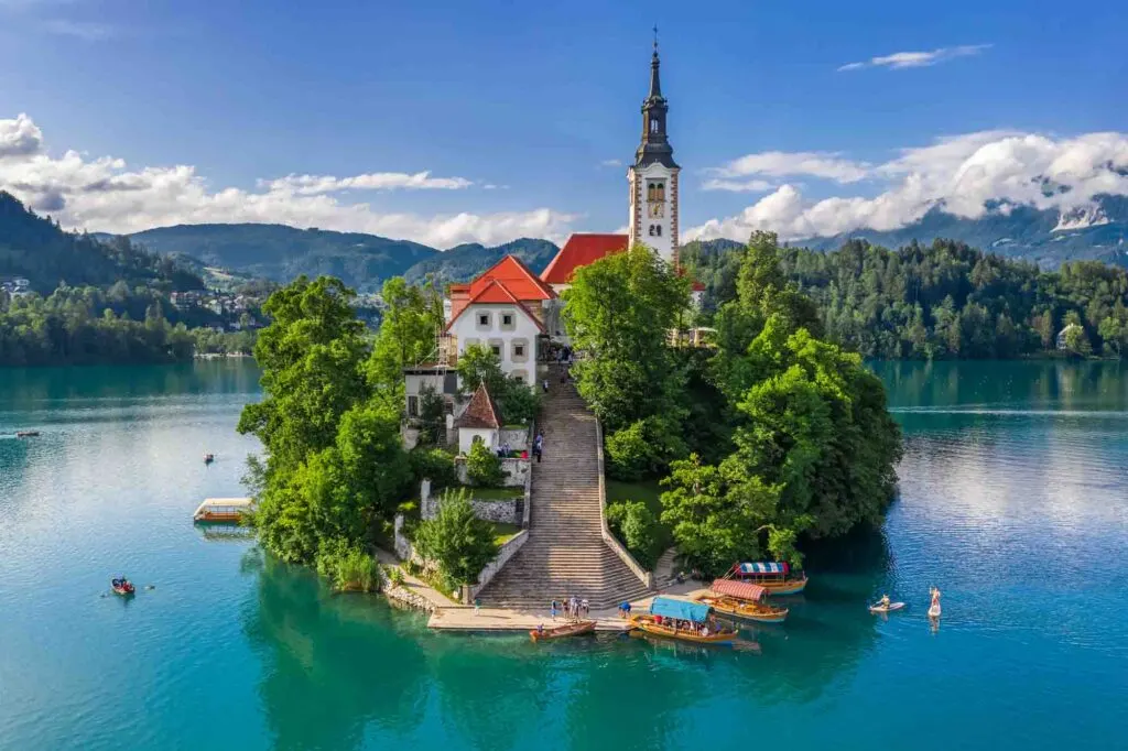 Aerial view of beautiful Pilgrimage Church of the Assumption of Maria at Lake Bled, Slovenia