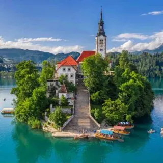 Aerial view of beautiful Pilgrimage Church of the Assumption of Maria at Lake Bled, Slovenia