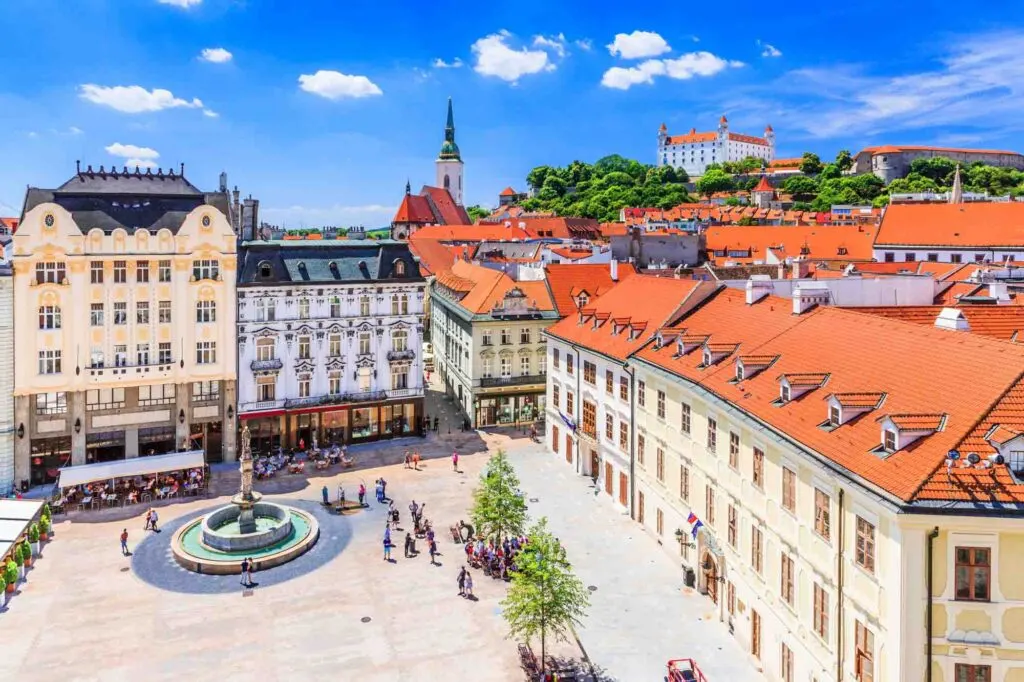 View of the Bratislava castle, main square and the St. Martin's Cathedral, Slovakia