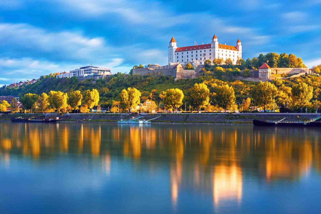 Bratislava historical center with the castle over Danube river, Bratislava, Slovakia