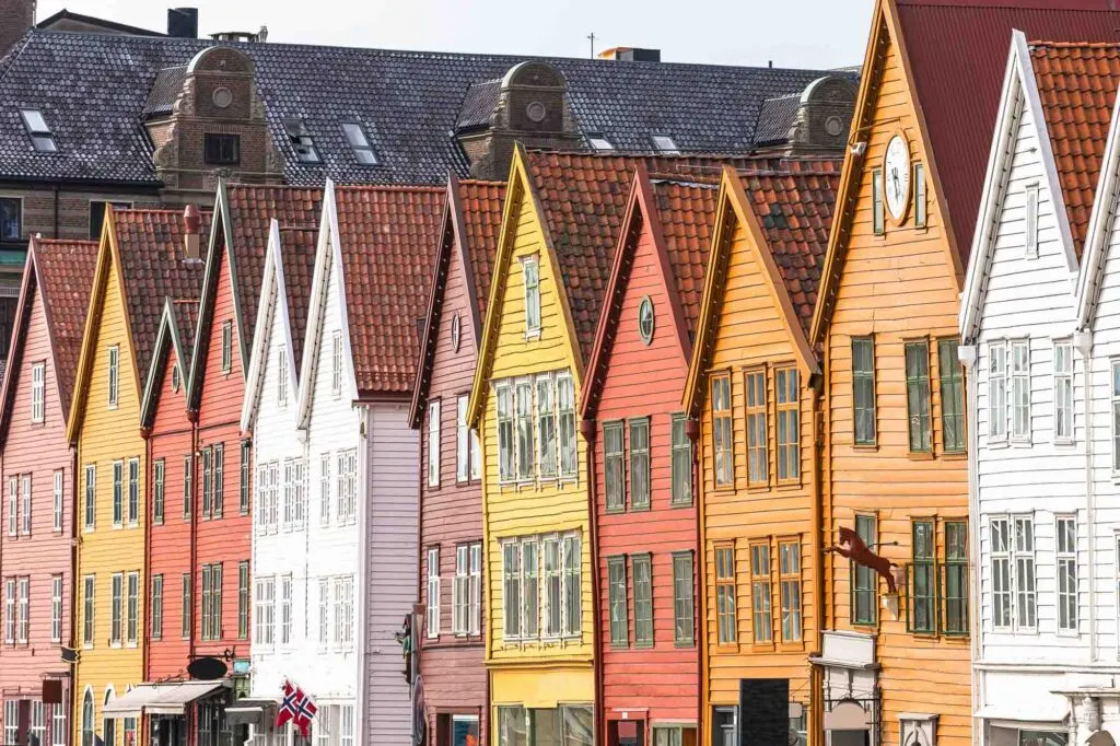 Famous Bryggen street with wooden colored houses in Bergen, Norway