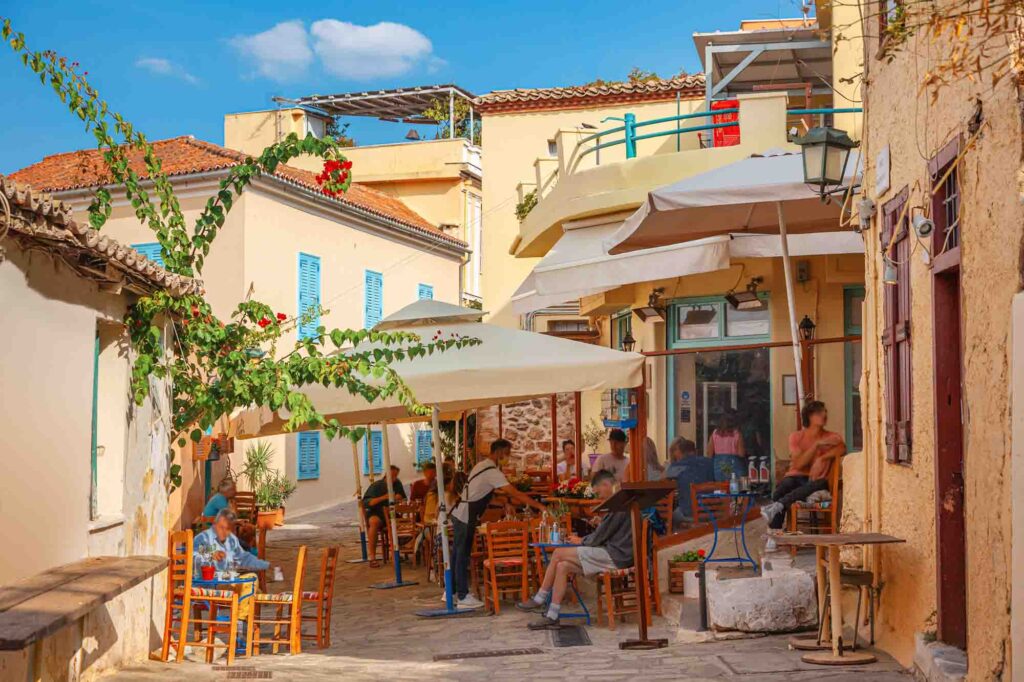 Cafe table and chairs on the street in Athens, Greece