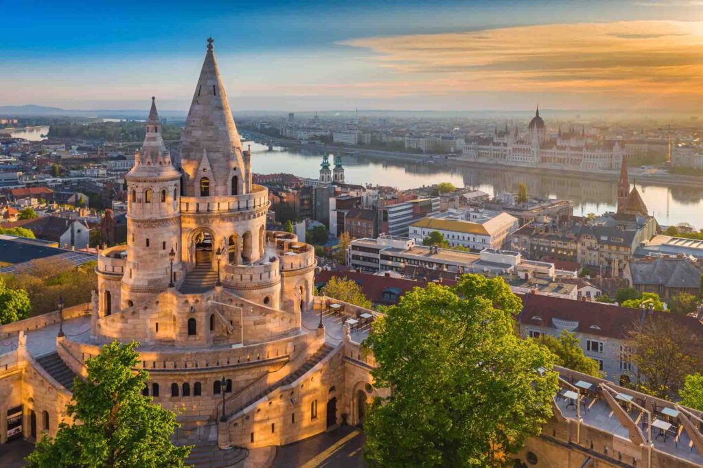 Beautiful golden sunrise with the tower of Fisherman's Bastion in Budapest, Hungary