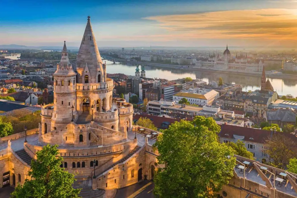 Beautiful golden sunrise with the tower of Fisherman's Bastion in Budapest, Hungary
