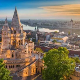 Beautiful golden sunrise with the tower of Fisherman's Bastion in Budapest, Hungary