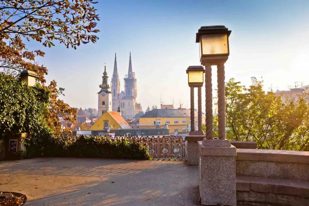 Historic Zagreb towers sunrise view, capital of Croatia