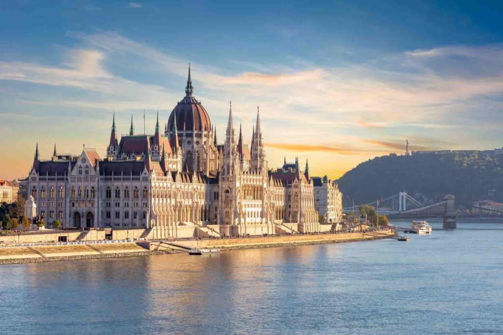 Hungarian parliament building at sunset, Budapest, Hungary