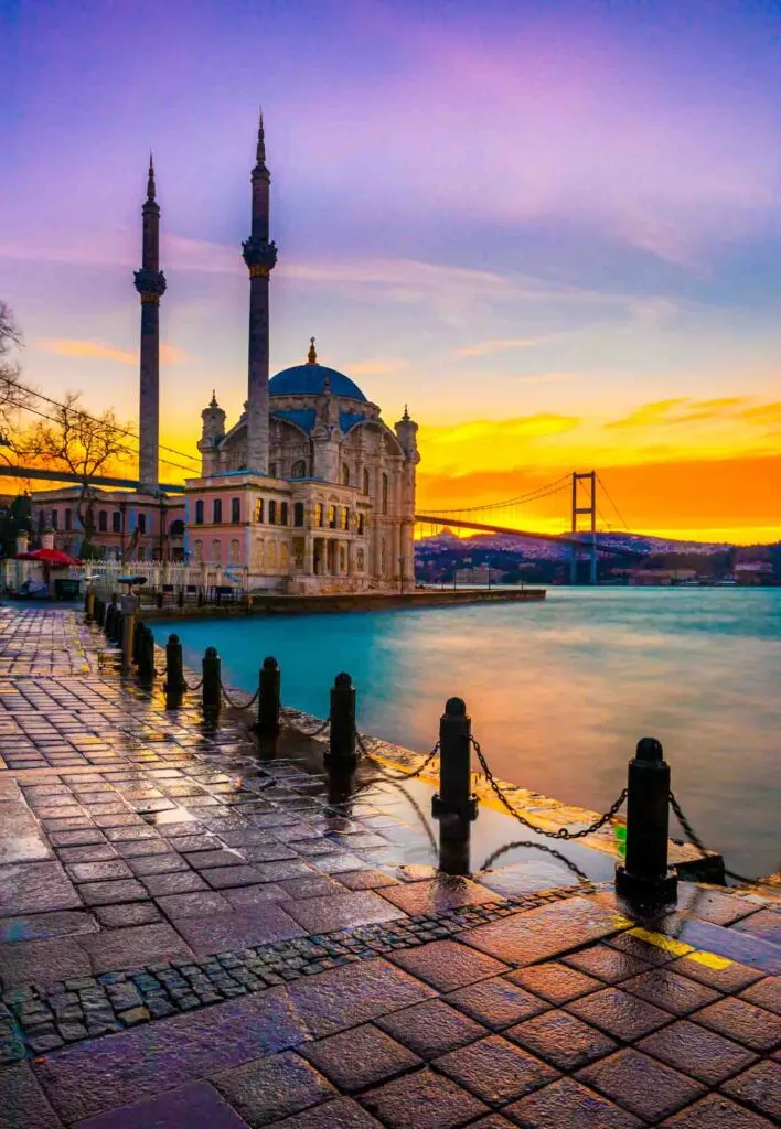 Beautiful Istanbul sunrise landscape with colored clouds over Bosphorus Bridge in Istanbul, Turkey