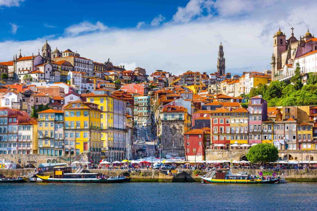 Porto old town skyline from across the Douro River, Portugal