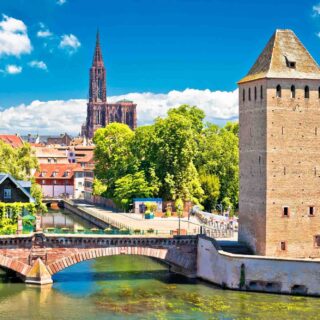 Strasbourg Barrage Vauban scenic river and architecture view, Alsace region of France