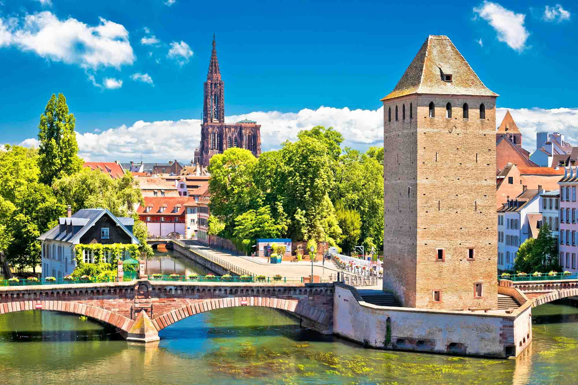 Strasbourg Barrage Vauban scenic river and architecture view, Alsace region of France