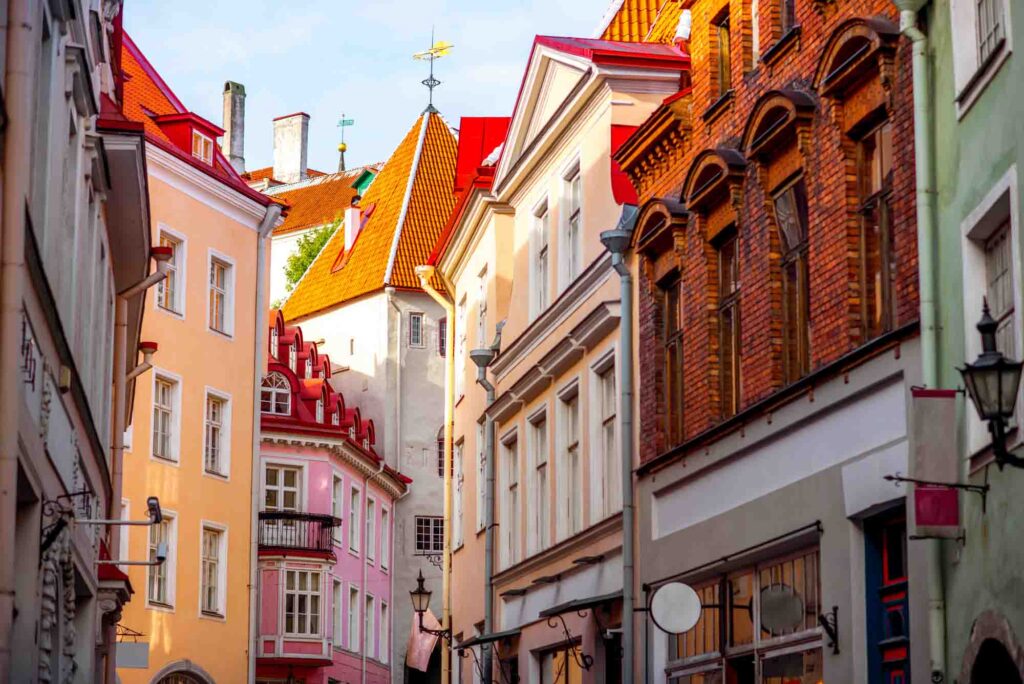 Street view with gate tower in the old town of Tallinn, Estonia