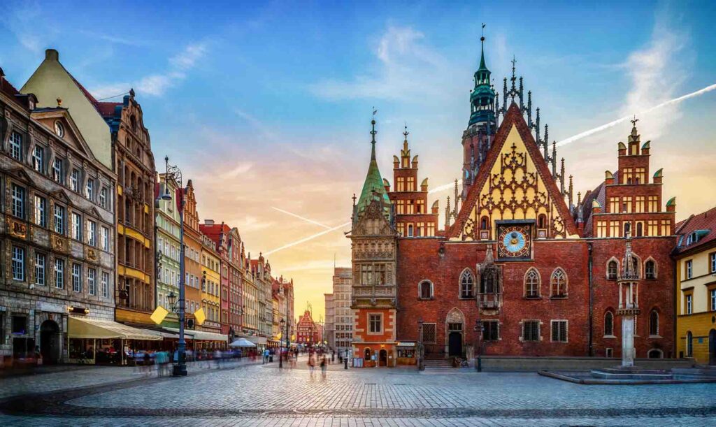 Wroclaw central market square with old houses and sunset, Poland