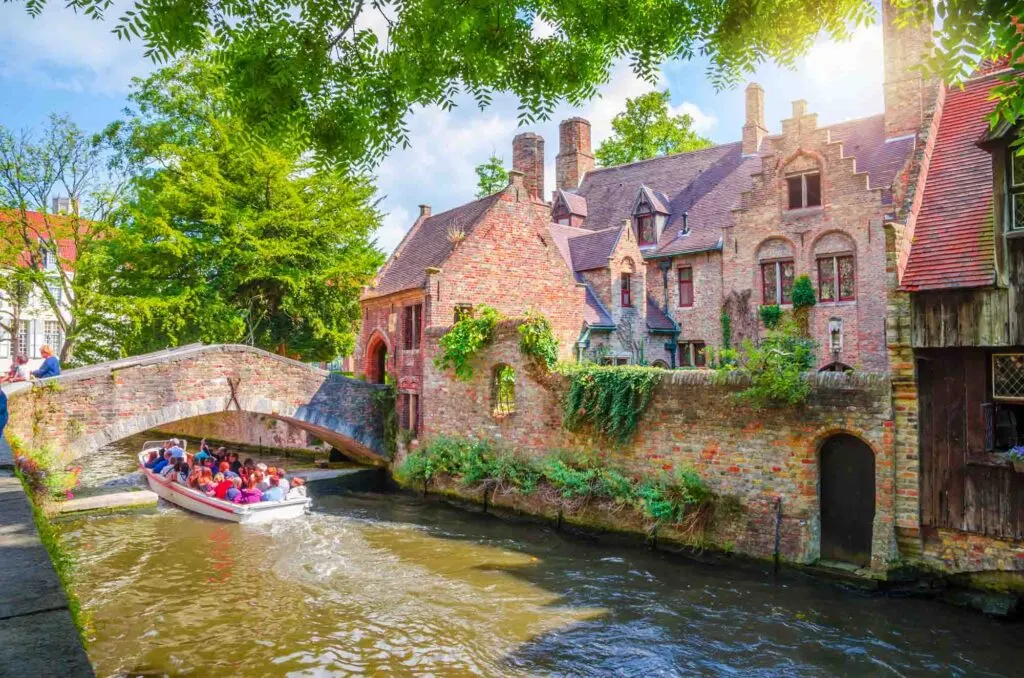 Beautiful canal and traditional houses in the old town of Bruges, Belgium