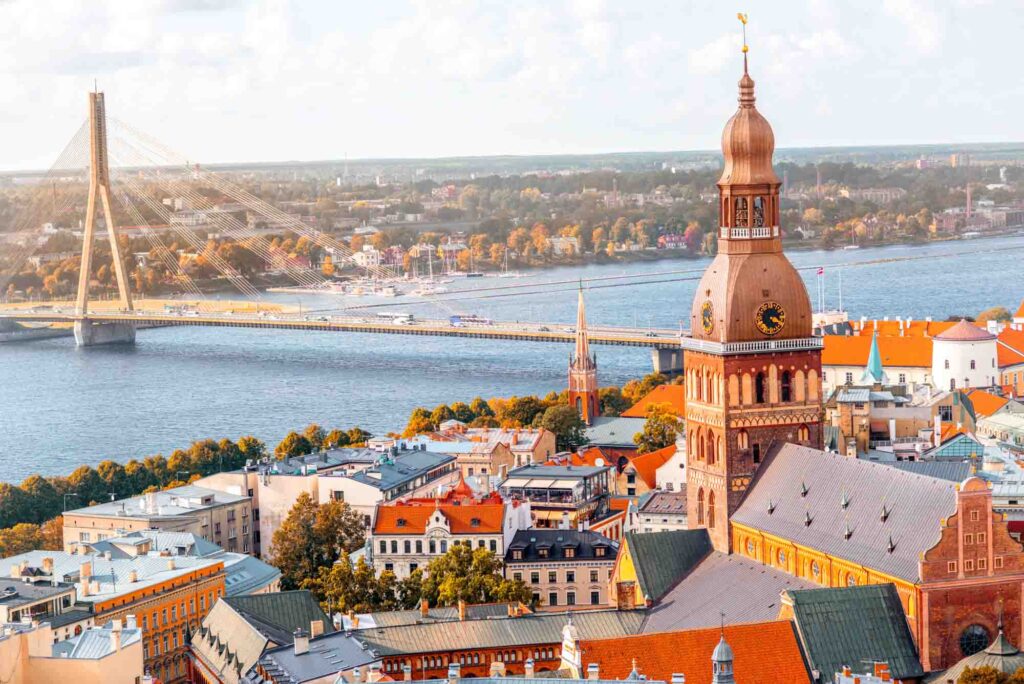 Cityscape aerial view on the old town in Riga city, Latvia