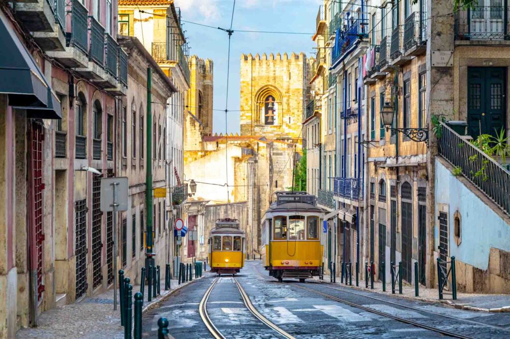 tram on line 28 in lisbon, portugal